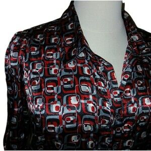 STUDIO 1940 Women 18/20W Satin Sequin Holiday Ruching Red Geo Print Top Blouse
